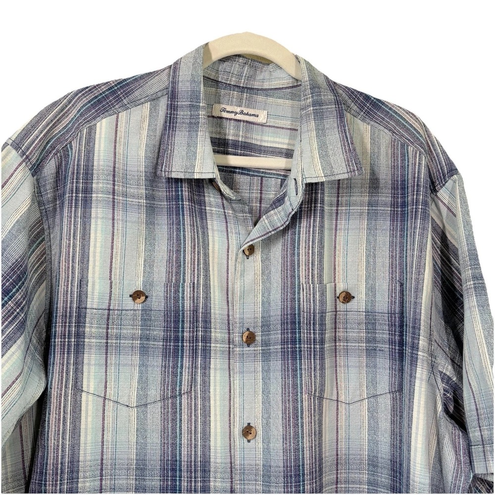 Tommy Bahama Island Zone Camp Shirt Mens 1XL Stripe Blue Silk 37.5 Poly Cabana